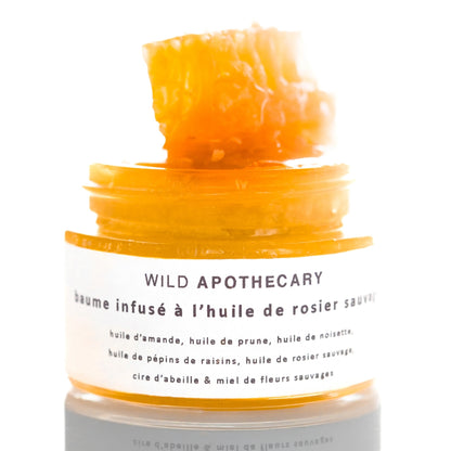 WILD-APOTHECARY-BAUME-INFUSE-HUILE-ROSIER-SAUVAGE-MIEL-OUVERT-BIOLOGIQUE-PRESSEE-A-FROID-SOIN-VISAGE-NUTRITION-MIEL-CIRE-BRUT